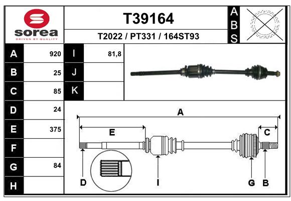Axle shaft EAI T39164 for Citroen, Peugeot AL30998283 - alvadi.md