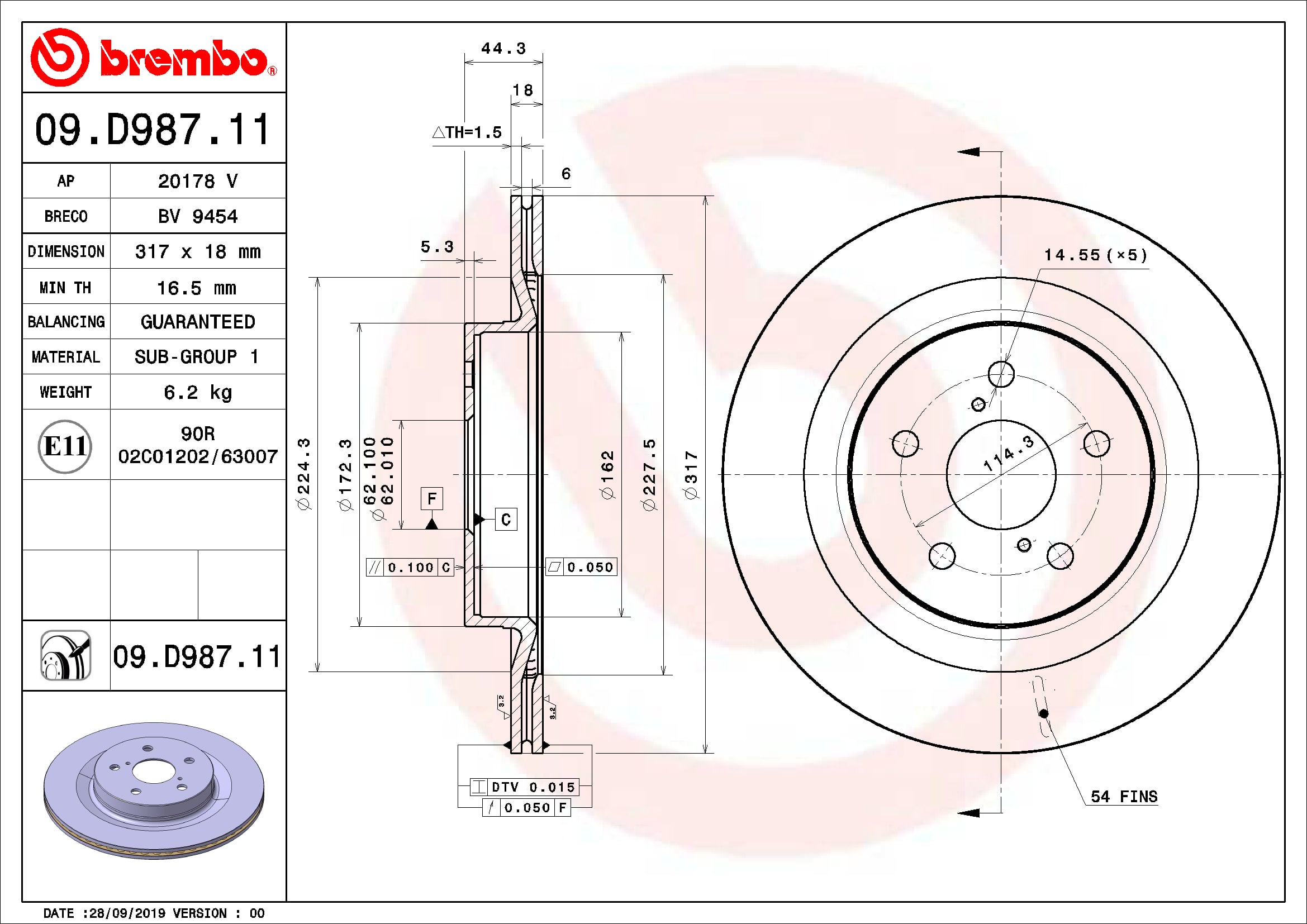 Brake Disc BREMBO 09.D987.11 for Lexus, Suzuki, Toyota AL62454134 ...